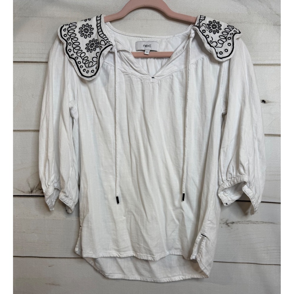 Next White Linen Blend Embroidered Statement Collar Boho Blouse Top Peasant